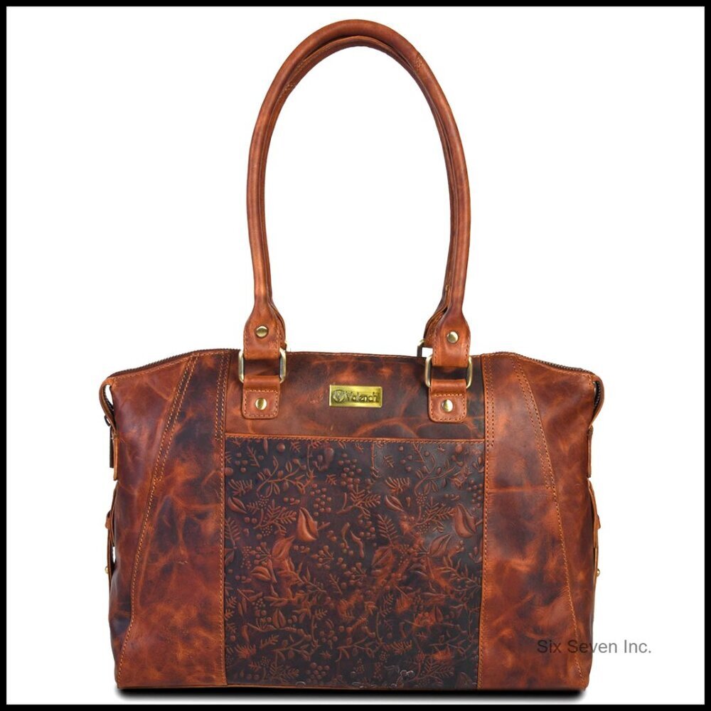 Genuine Leather Tote Bag Elegant Flower Embossed Design Work Travel Shoulder